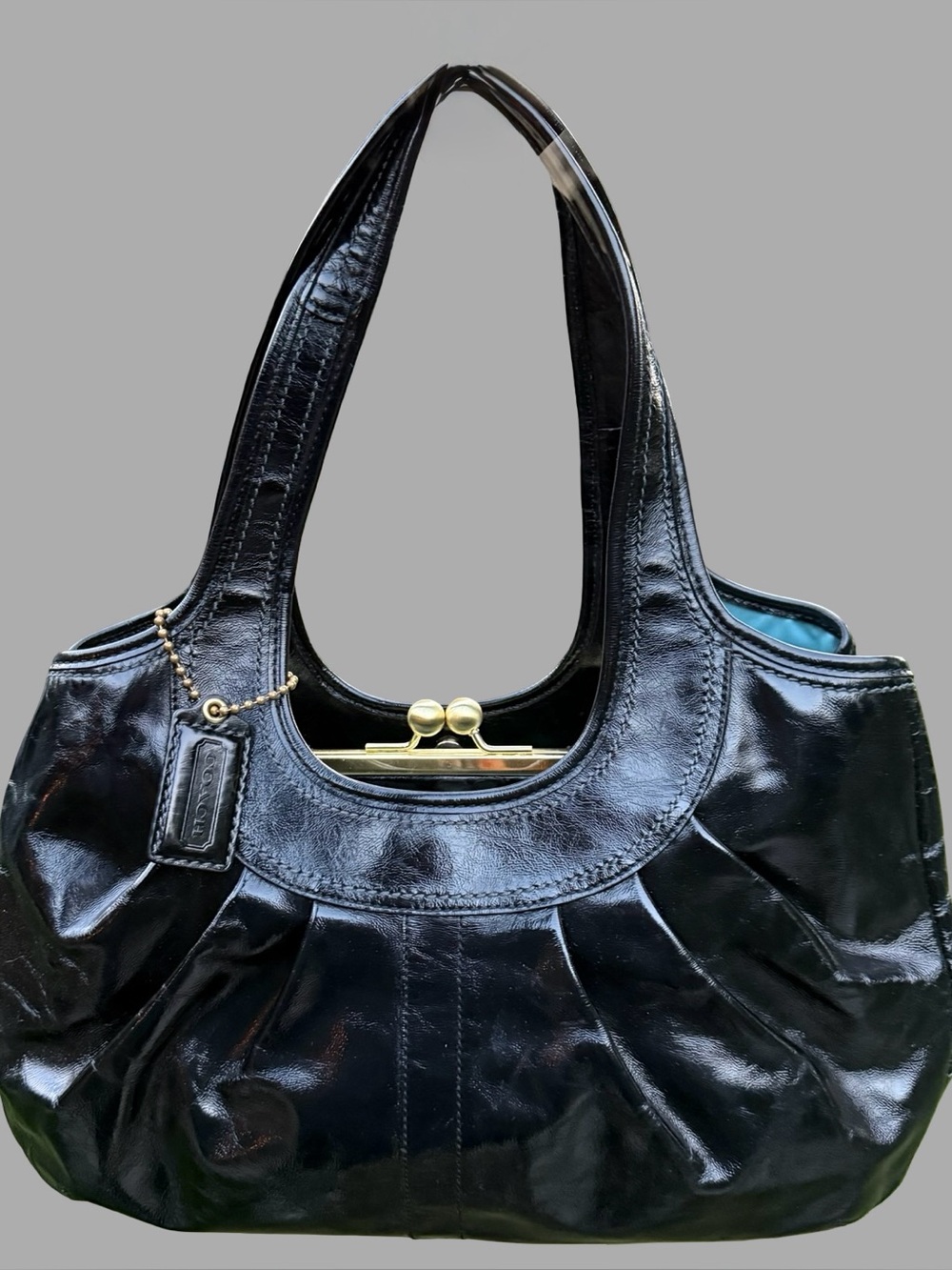 Vintage Y2K Coach Ergo Black Patent Leather Pleated Kisslock Satchel Bag #12520D